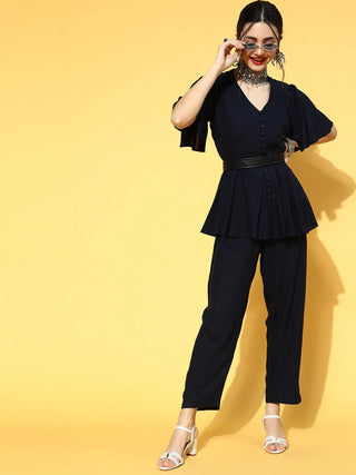 Navy Blue Cotton Solid Jumpsuit