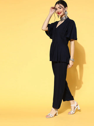 Navy Blue Cotton Solid Jumpsuit