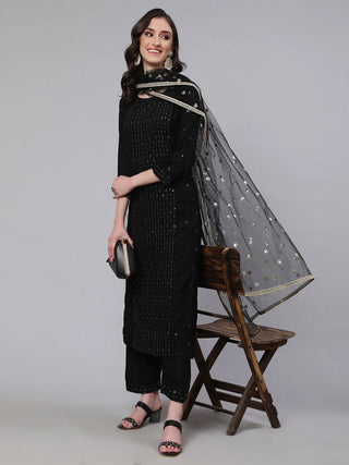 Black Viscose Rayon Embroidered Straight Shape Suit Set with Net Dupatta