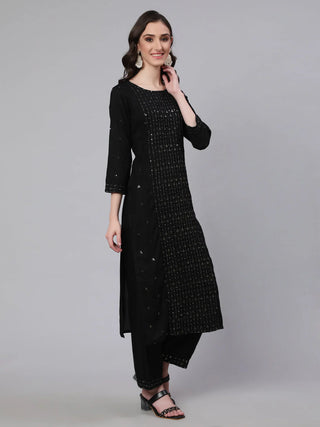 Black Viscose Rayon Embroidered Straight Shape Suit Set with Net Dupatta