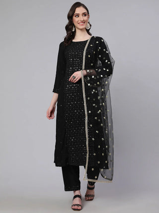 Black Viscose Rayon Embroidered Straight Shape Suit Set with Net Dupatta