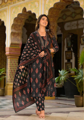 Black & Brown Viscose Printed & Embroidered Suit Set with Chanderi Cotton Dupatta