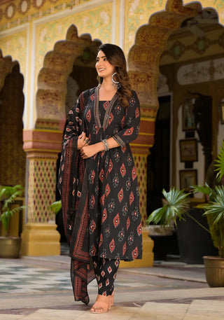 Black & Brown Viscose Printed & Embroidered Suit Set with Chanderi Cotton Dupatta