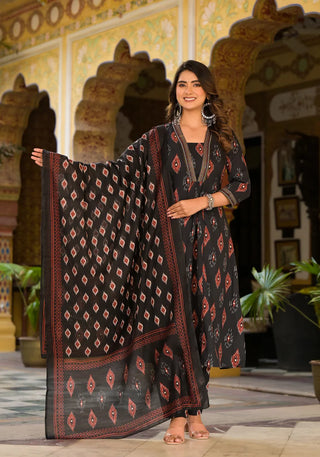 Black & Brown Viscose Printed & Embroidered Suit Set with Chanderi Cotton Dupatta