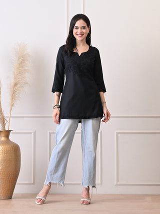 Black Cotton Blend Embroidered Short Kurta