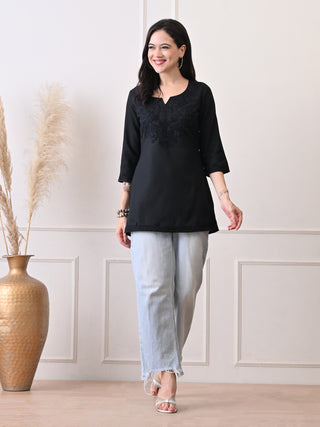 Black Cotton Blend Embroidered Short Kurta