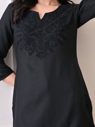 Black Cotton Blend Embroidered Short Kurta