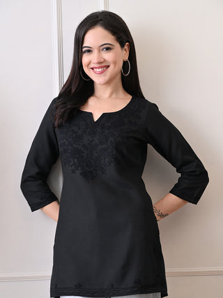 Black Cotton Blend Embroidered Short Kurta