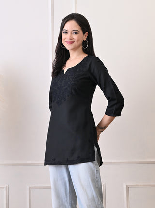 Black Cotton Blend Embroidered Short Kurta