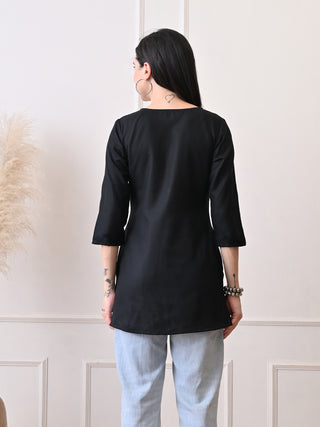 Black Cotton Blend Embroidered Short Kurta