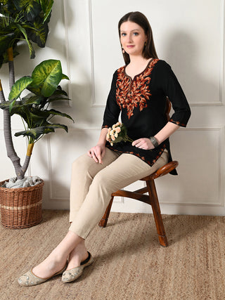 Black Cotton Geometric Print Short Kurta