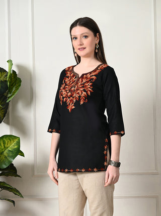 Black Cotton Geometric Print Short Kurta