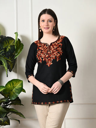 Black Cotton Geometric Print Short Kurta