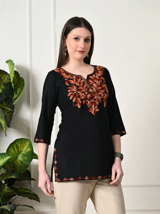 Black Cotton Geometric Print Short Kurta