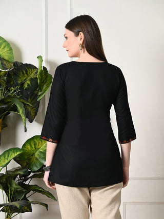 Black Cotton Geometric Print Short Kurta