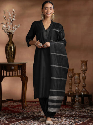 Black Cotton Straight Shape Suit Set with Dupatta