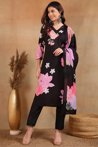 Black & Pink Cotton Blend Floral Print Straight Shape Suit Set with Dupatta