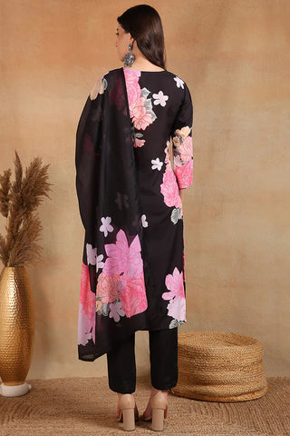 Black & Pink Cotton Blend Floral Print Straight Shape Suit Set with Dupatta