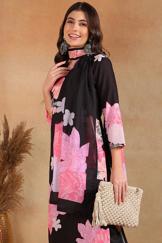 Black & Pink Cotton Blend Floral Print Straight Shape Suit Set with Dupatta