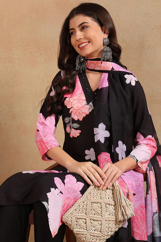 Black & Pink Cotton Blend Floral Print Straight Shape Suit Set with Dupatta