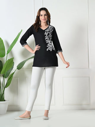Black Rayon Embroidered Short Kurta