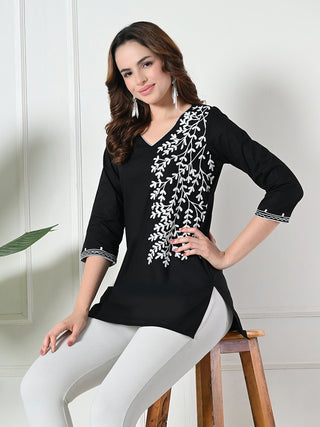 Black Rayon Embroidered Short Kurta
