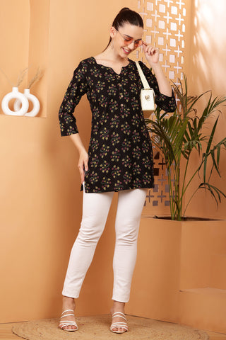 Black Rayon Geometric Print Short Kurta