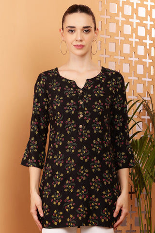 Black Rayon Geometric Print Short Kurta