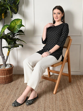 Black Rayon Geometric Print Short Kurta