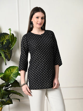 Black Rayon Geometric Print Short Kurta