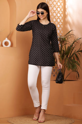 Black Rayon Geometric Print Short Kurta