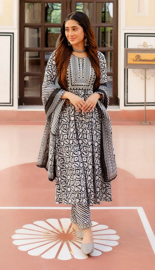 Black & White Viscose Printed & Embroidered Suit Set with Chanderi Cotton Dupatta