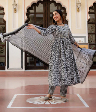 Black & White Viscose Printed & Embroidered Suit Set with Chanderi Cotton Dupatta