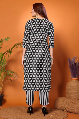 Black & White Viscose Printed & Embroidered Kurta Pant Set