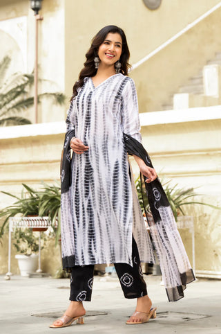 White & Black Viscose Tie Dye & Printed Straight Cut Kurta Pant Set with Chanderi Cotton Dupatta