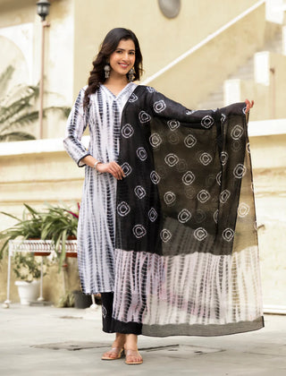 White & Black Viscose Tie Dye & Printed Straight Cut Kurta Pant Set with Chanderi Cotton Dupatta