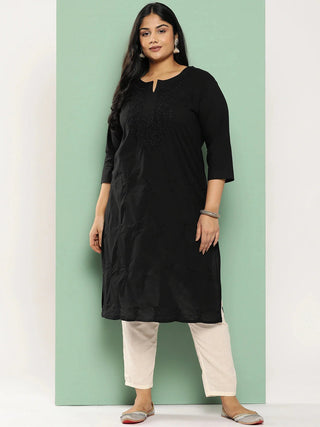 Black Cotton Floral Embroidered Print & Thread Detailing Chikankari Kurta