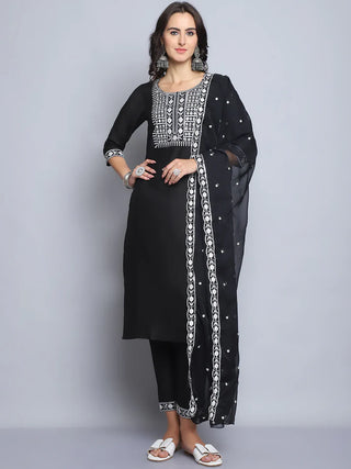 Black Pure Silk Embroidered Straight Shape Suit Set with Chanderi Cotton Dupatta