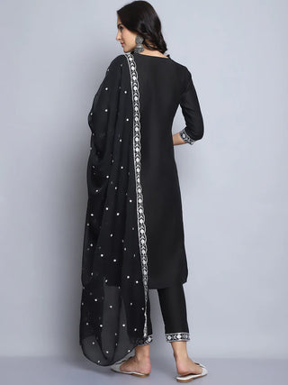 Black Pure Silk Embroidered Straight Shape Suit Set with Chanderi Cotton Dupatta