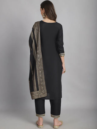 Black Cotton Blend Sequence Embroidered Straight Shape Suit Set with Dupatta