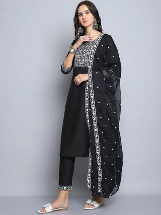 Black Pure Silk Embroidered Straight Shape Suit Set with Chanderi Cotton Dupatta