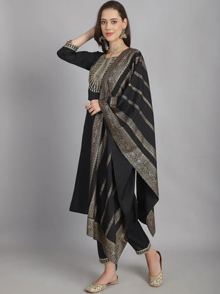 Black Cotton Blend Sequence Embroidered Straight Shape Suit Set with Dupatta