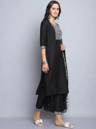 Black Pure Silk Embroidered Straight Shape Suit Set with Chanderi Cotton Dupatta