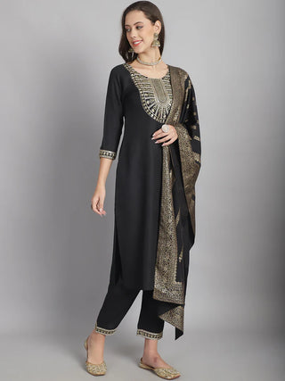 Black Cotton Blend Sequence Embroidered Straight Shape Suit Set with Dupatta