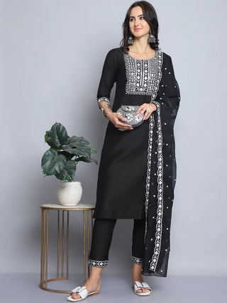 Black Pure Silk Embroidered Straight Shape Suit Set with Chanderi Cotton Dupatta