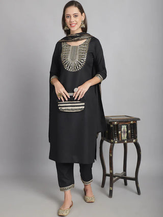 Black Cotton Blend Sequence Embroidered Straight Shape Suit Set with Dupatta