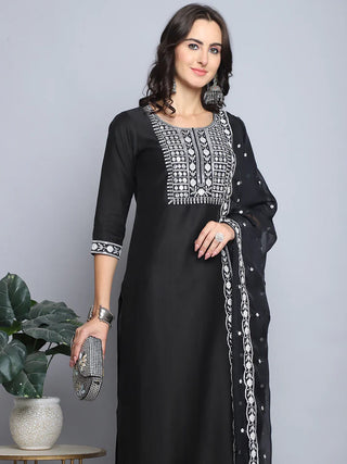 Black Pure Silk Embroidered Straight Shape Suit Set with Chanderi Cotton Dupatta