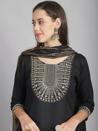 Black Cotton Blend Sequence Embroidered Straight Shape Suit Set with Dupatta