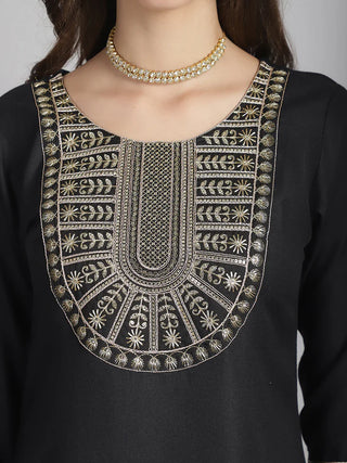 Black Cotton Blend Sequence Embroidered Straight Shape Suit Set with Dupatta