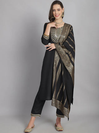 Black Cotton Blend Sequence Embroidered Straight Shape Suit Set with Dupatta